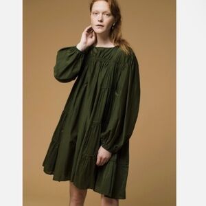★NWT Org.$500 MERLETTE Siddal Tiered Cotton & Silk Dress Olive Size S★